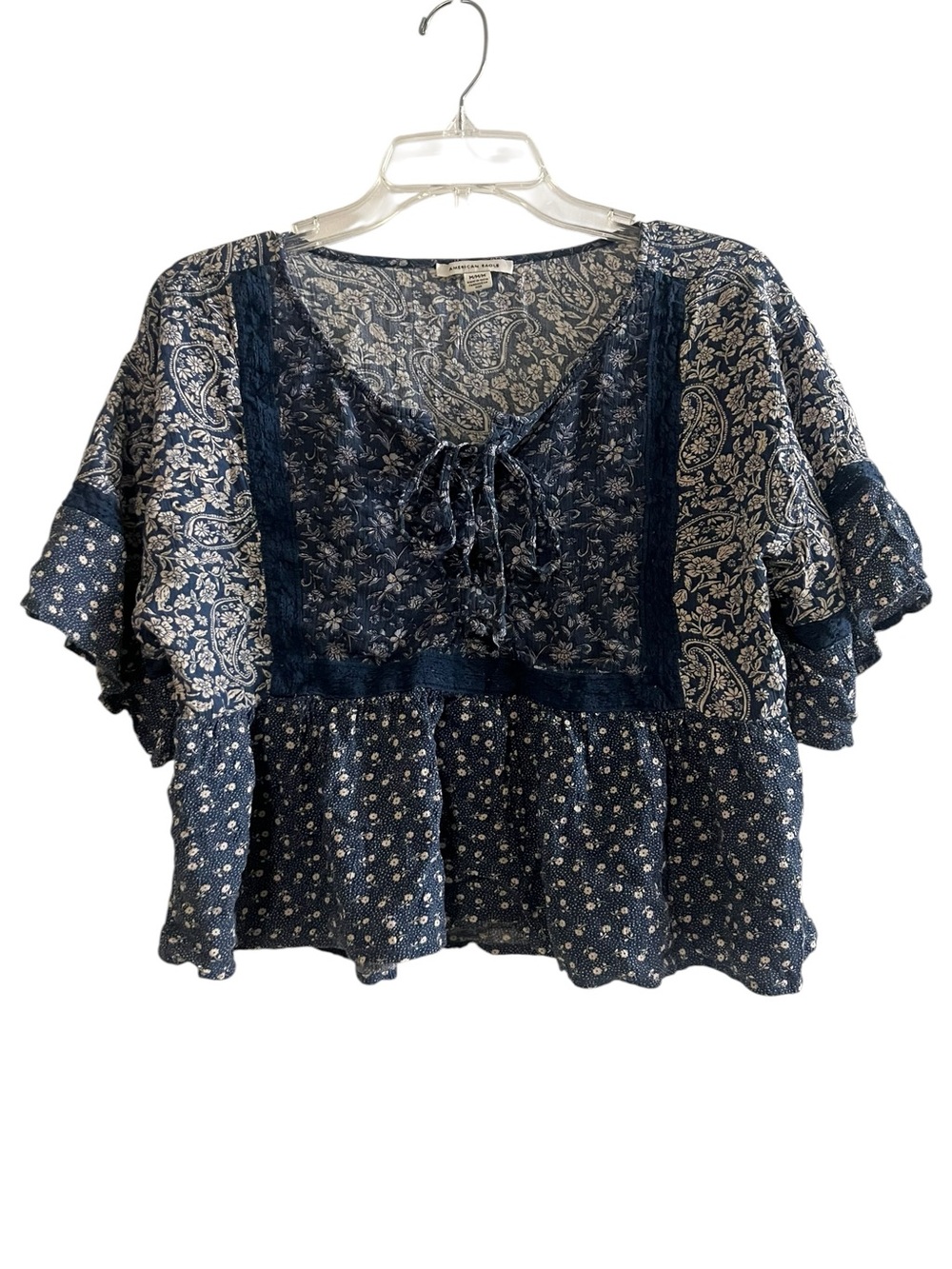 American Eagle Outfitters Navy Blue Paisley Flutter Sleeve Peasant Top